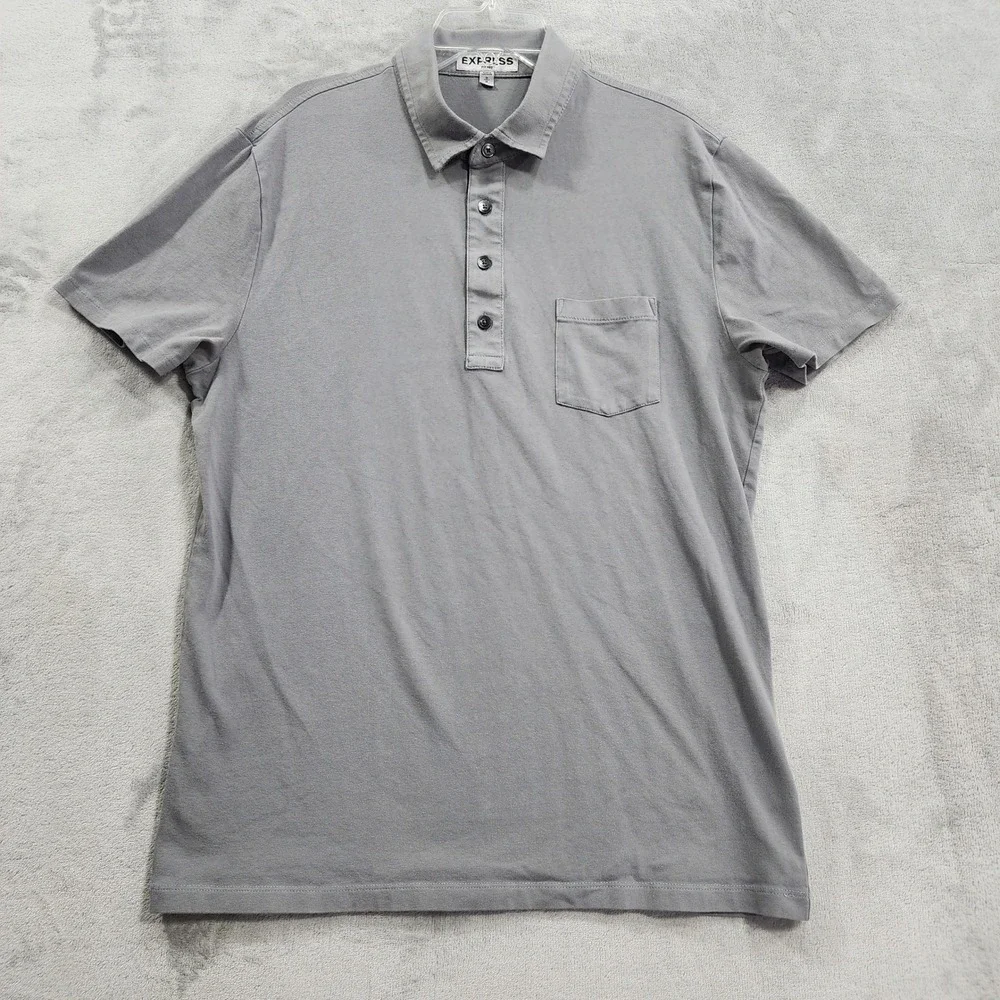 Express Polo Mens M Gray Fitted Stretch Cotton Pocket Shirt Office Preppy Sporty